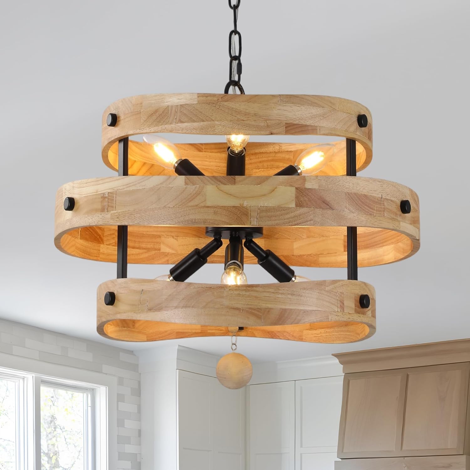 Farmhouse Chandelier 6-Light, Rustic 3-Tier Wooden Ring Pendant Light with Adjustable Chain, Industrial Hanging Light Fixture for Kitchen Island Dining Room Porch Entryway