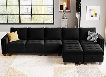Belffin Large Velvet L Shaped Sectional Sofa Couch with Reversible Double Chaises Modular Sectional Sofa Couch with Storage Ottomans Convertible Sectional Sofa Black