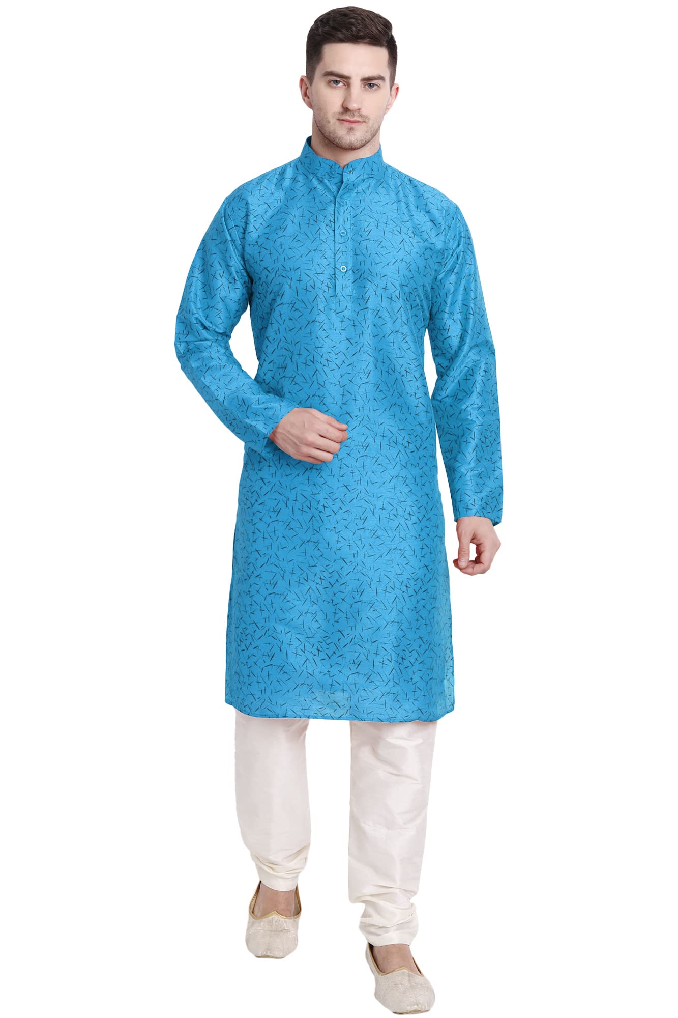 SKAVIJMen's Polyester Printed Kurta Pajama Set Mandarin Collar Ethnic Motifs Party Dress