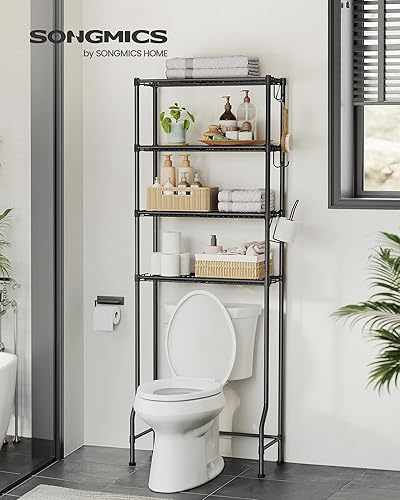 Miniatura 2 de SONGMICS Almacenamiento de 4 niveles sobre el inodoro, estante de almacenamiento de metal, estantes ajustables, 4 ganchos, soporte para rollo,