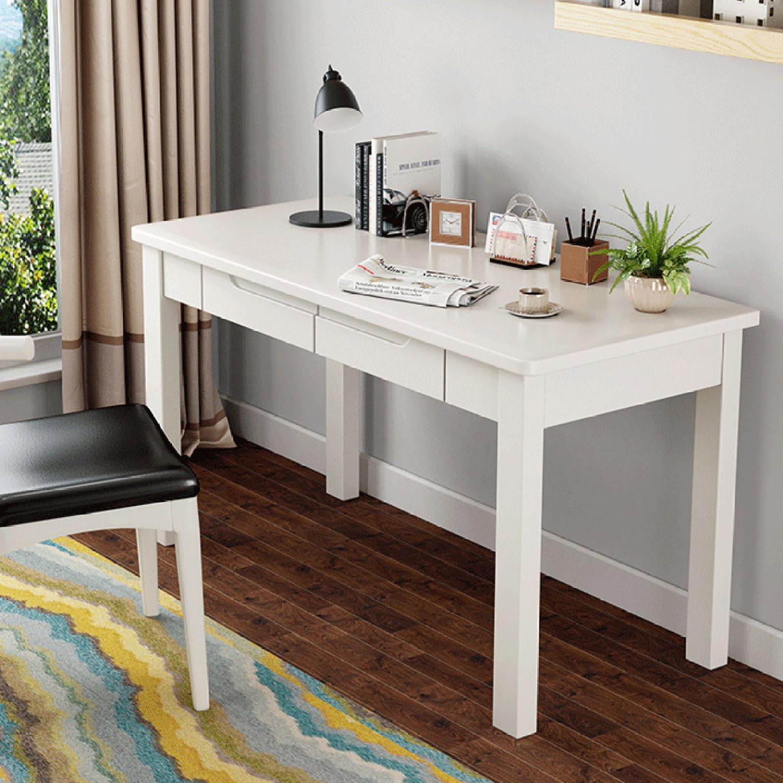 Amazon | デスク、引き出し2つ付き無垢材コンピューターデスク、幅21.6