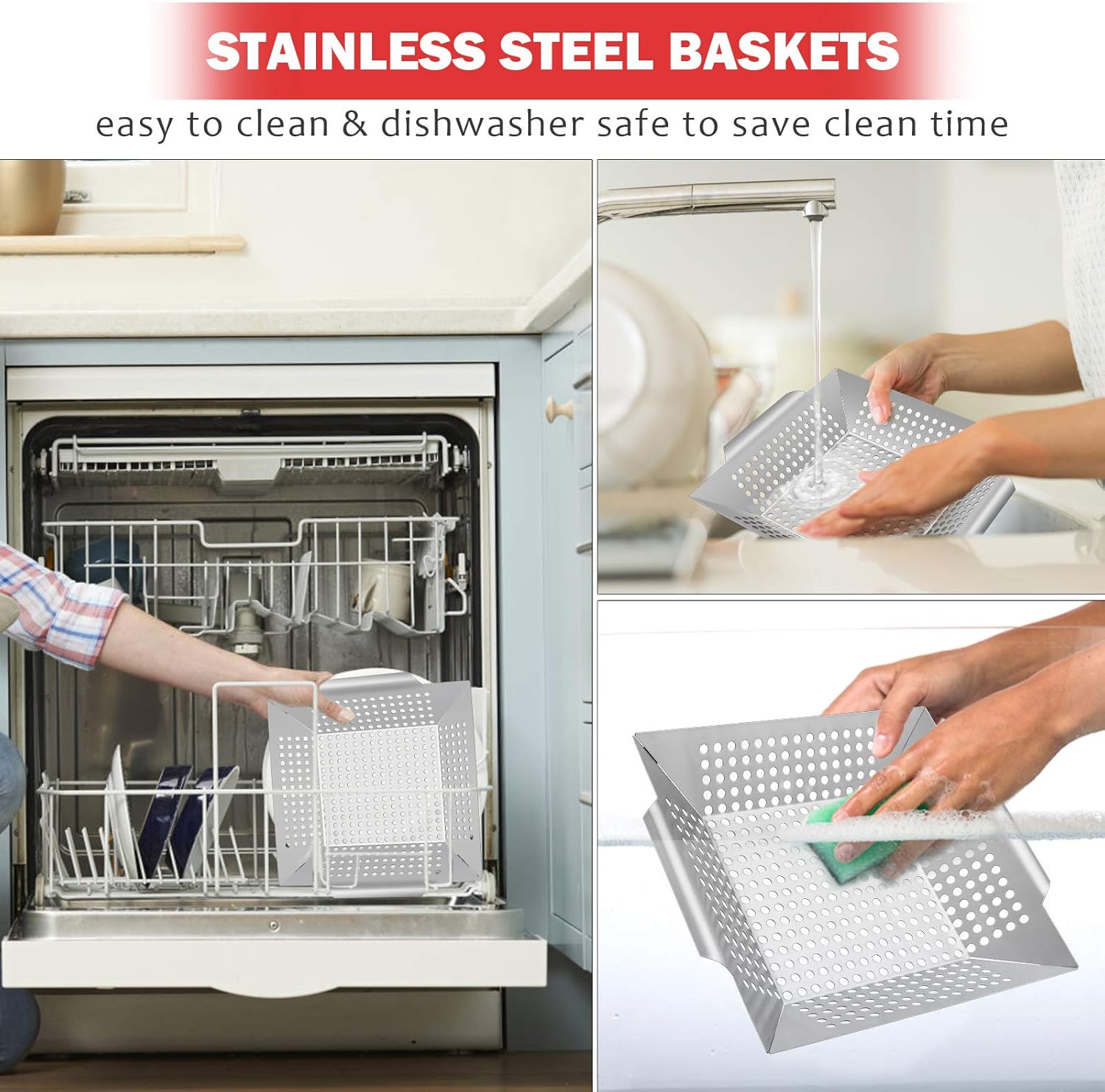 12in Grill Basket, HaSteeL Large BBQ Grilling Basket Wok for Vegetable, Kabobs, Shrimps, Heavy Duty Stainless Steel Grilling Accessories for All Grills, Dishwasher Safe - (2 Packs) : Patio, Lawn & Garden