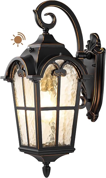 EDISHINE Dusk to Dawn Outdoor Wall Lights, 20.4" Large Size Exterior Lantern Fixture, Porch Lights Wall Mount, Roman Wall Lamp, Waterproof Outside Wall Sconce for Front Door Garage, Black | Large Size, Auto ON/OFF, Water Ripple Glass, E26 Socket, Roman Exterior Lantern for Front Door Garage, Patio