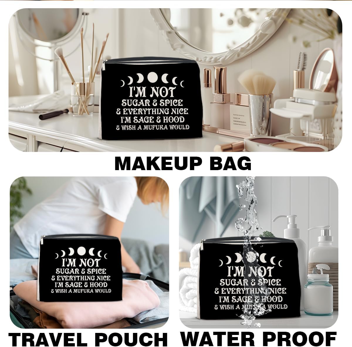 Nurawo Witch Makeup Bag Halloween Cosmetic Bags for Women Halloween Witchy Black Makeup Pouch With Zipper Travel Toiletry Organizer Bag Goth Gifts - Image 6