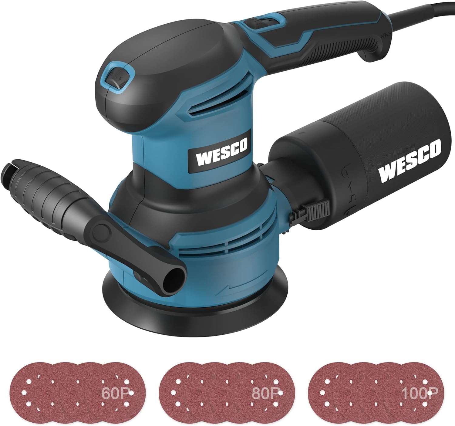 WESCO Random Orbital Sander, 3.0 Amp 5 In. Corded Variable Speed Random Orbital Sander/Polisher Kit with Dust Collector - - 