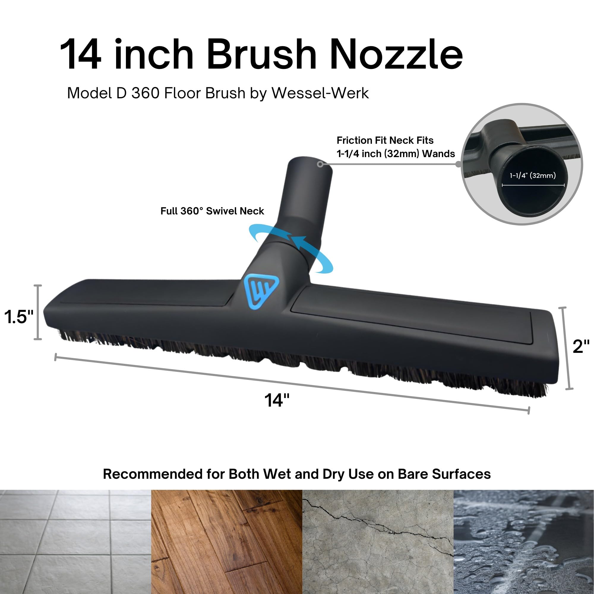 Wessel-Werk D360 Brosse de sol pour aspirateur tout usage, brosse de sol de 35,6 cm de large avec poils naturels doux mais robustes pour bois dur et surface nue, 32 mm