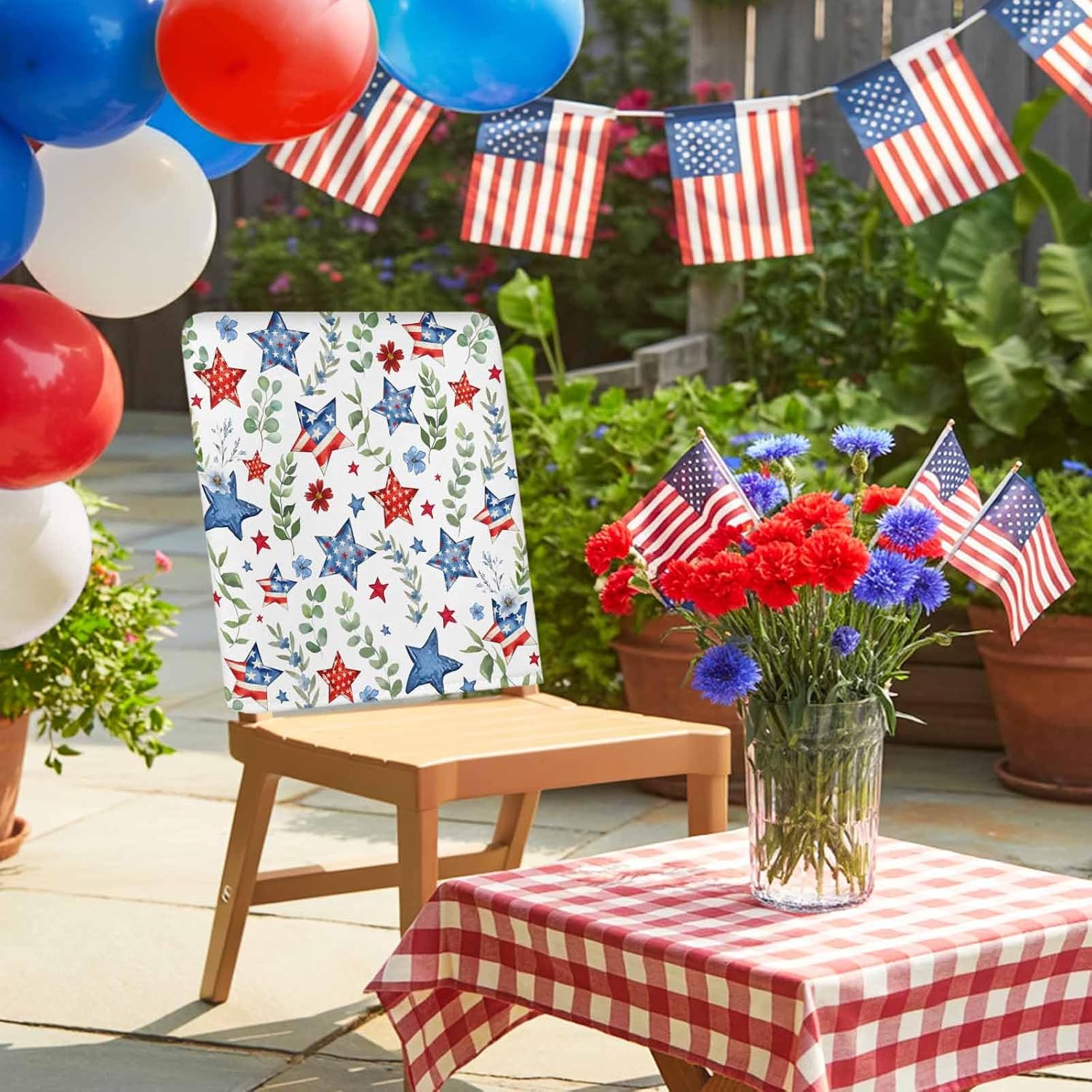4th of July Chair Covers Set of 4 Patriotic Star Floral Chair Slipcover Protector Stretch Chair Covers Green Eucalyptus Leaves Independence Day Chair Back Covers for Dining Chairs Kitchen Party