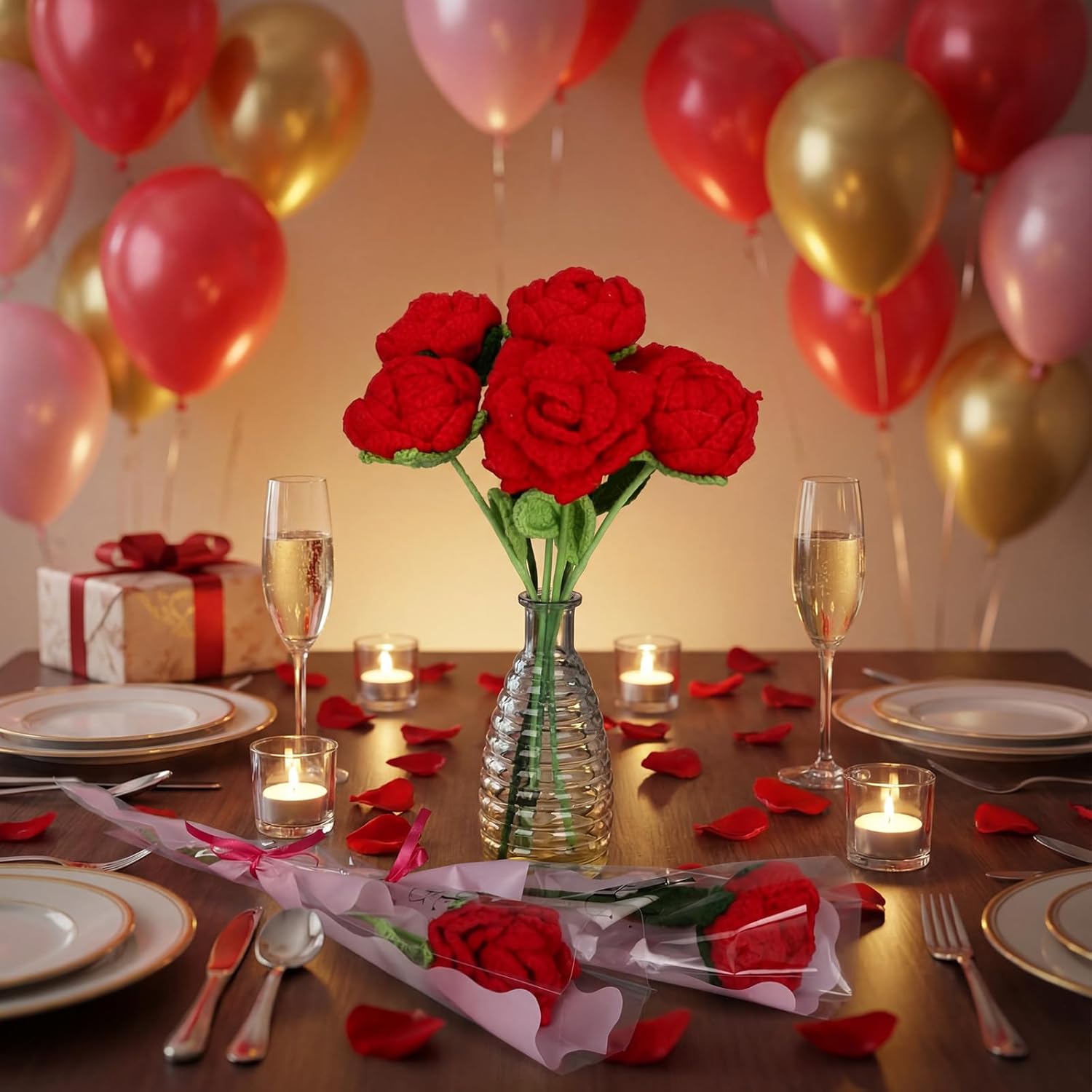 Zeyune 8 Pcs Valentine's Day Crochet Rose Flowers Handmade Knitted Roses Bouquet Finished Handmade Flower Artificial Rose Flowers Bulk for Women Valentine's Day Party Favor(Red) - Image 3