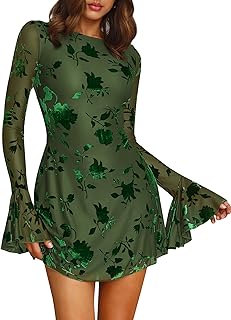 Women Floral Wedding Guest Dress Fall 2025 Casual Long Sleeve Crew Neck Flowy Party Cocktail Mini Dresses