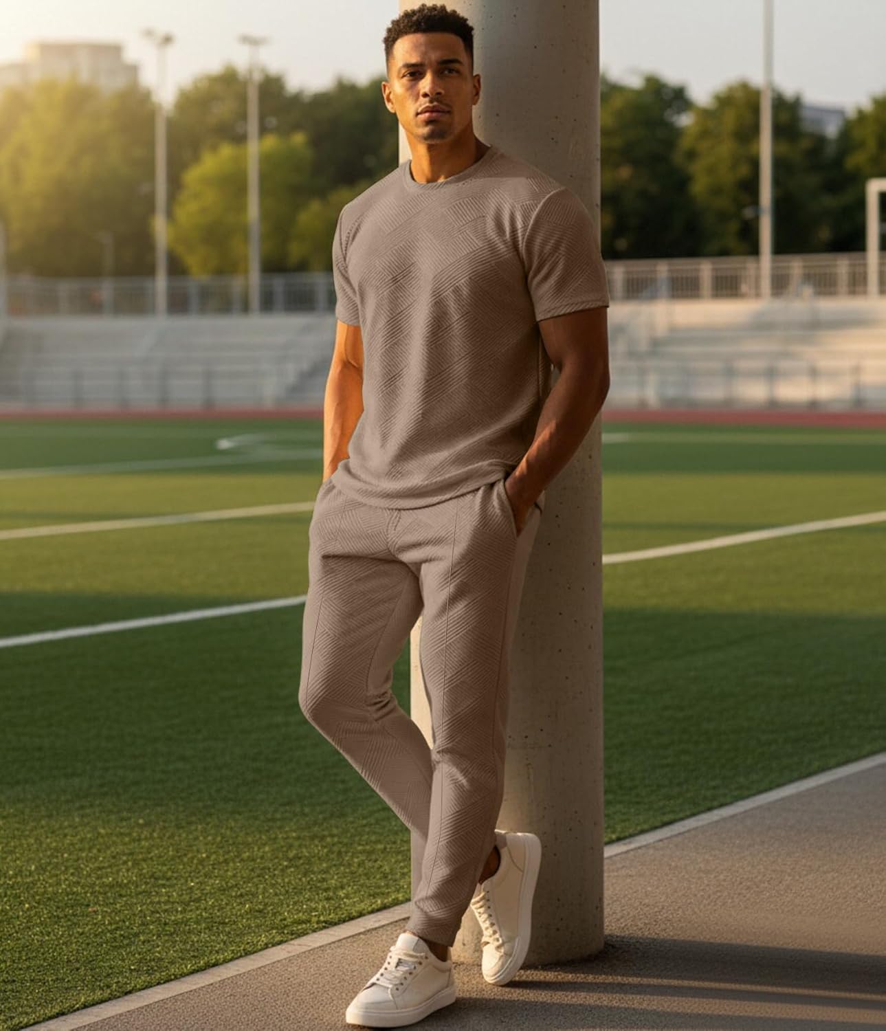 UOUA Mens 2 Piece Sweatsuit Set Short Sleeve Sweatshirt Jogging Sweatpants Tracksuits Outfits - Image 3