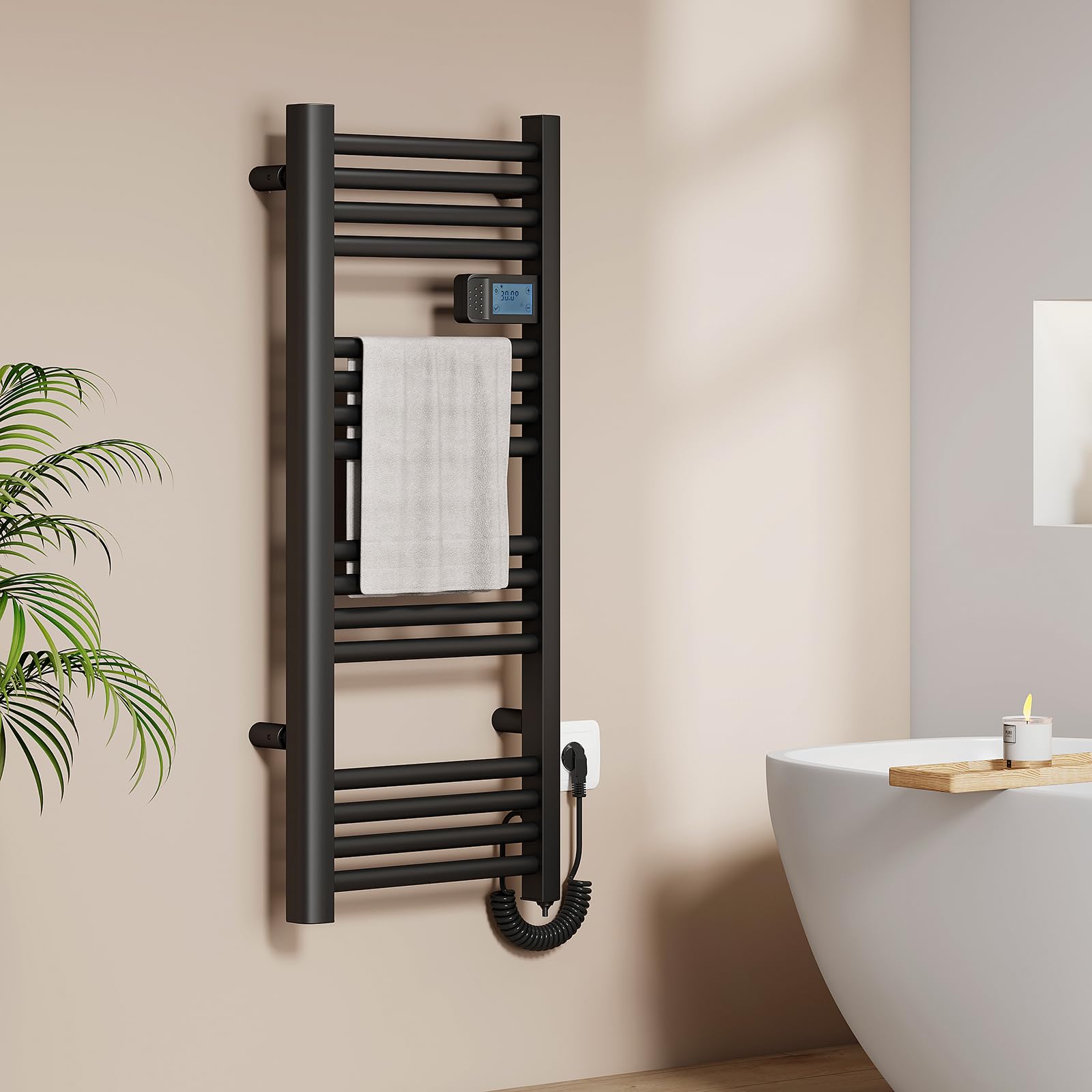Toallero eléctrico baño de diseño minimalista negro con panel digital 300W