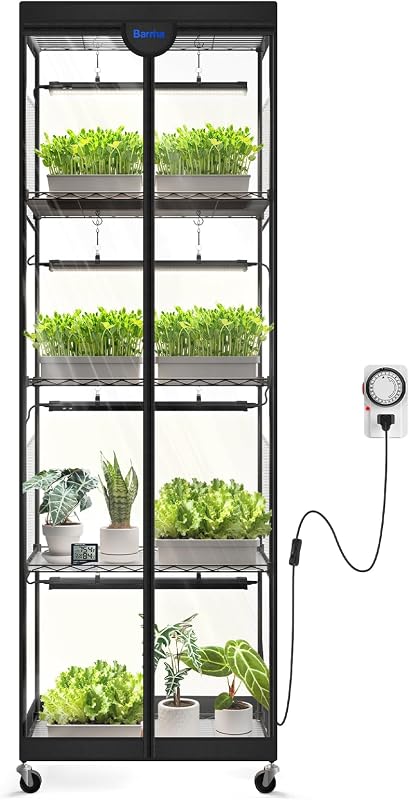 Barrina LP600 Indoor Greenhouse with Grow Light, 5 Tier Stand with Tent | Adjustable Shelf, 100W TX-S25 1.6FT 5000K Full Spectrum for Seedling Tropical Plants, Timer Thermometer, 23.6 x 13.8 x 70.9IN