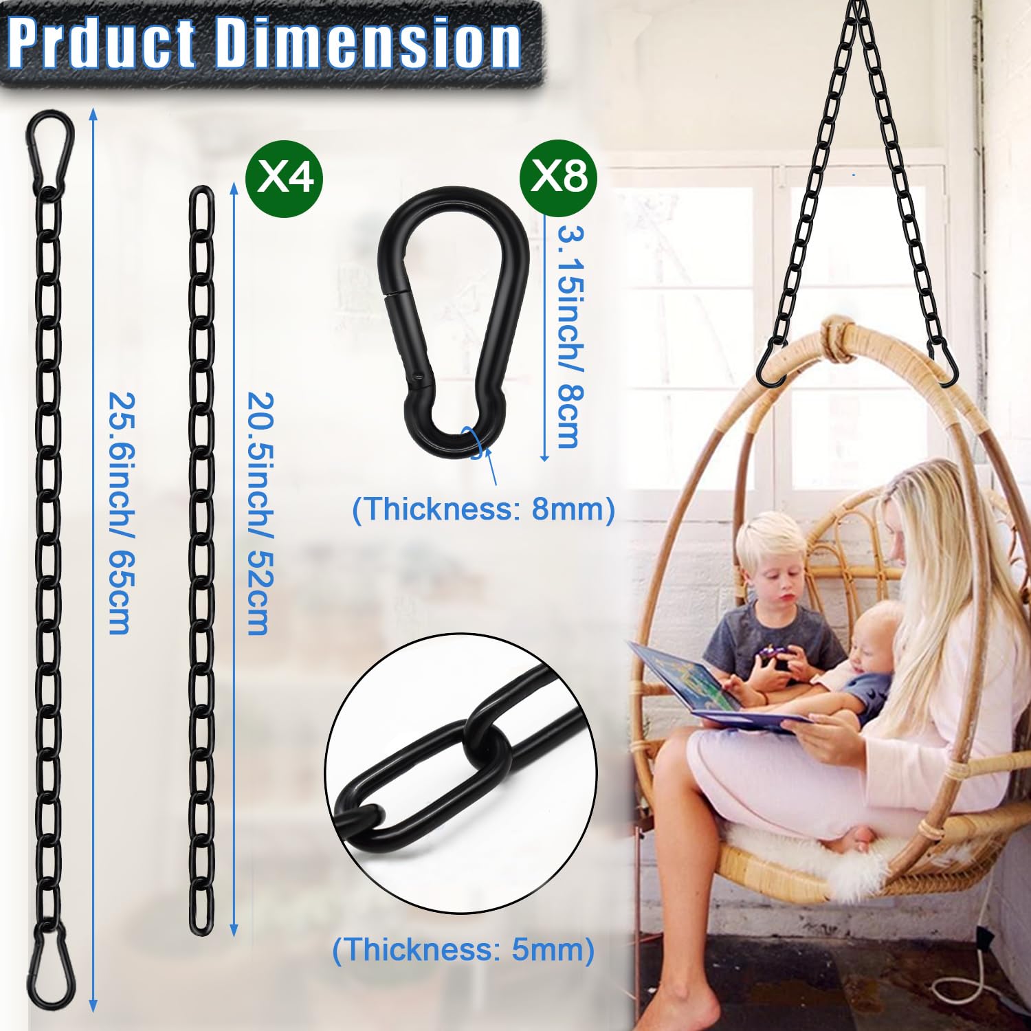 Confezione da 4 catene per altalena da appendere con 8 moschettoni, 65 cm, capacità 299,4 kg, kit hardware resistente per sacchi da boxe, sedie a dondolo, palestra interna ed esterna (nero, 65 cm, 4