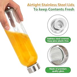 Zukro Glass Water Bottles with Gold Lids 18 oz, Reusable Clear Glass Juice Bottles Stainless Steel Airtight Cap for Juicing, 100% Leak Proof Juice Drinking Jar for Refrigerator, BPA Free, Set of 3