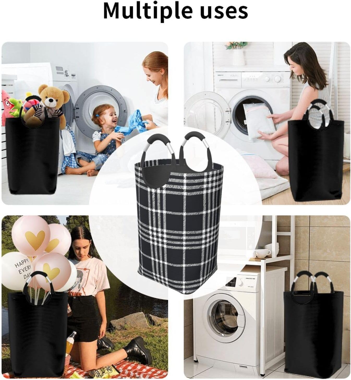 50l Laundry Basket Black White Plaid Waterproof Laundry Hamper Foldable Clothes Laundry Bag With Handles