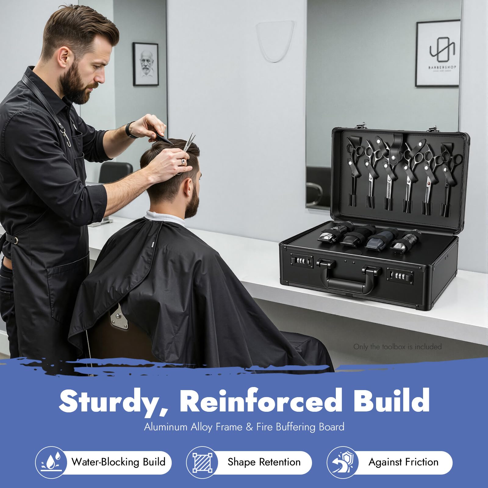 Mallette Coiffure Noir 40cm Aluminium Serrure Code Rangement Barbier | Mallette coiffure noir 40cm, alliage alu, serrure code, 8 ciseaux 4 tondeuses, rangement modulable, barbier professionnel.