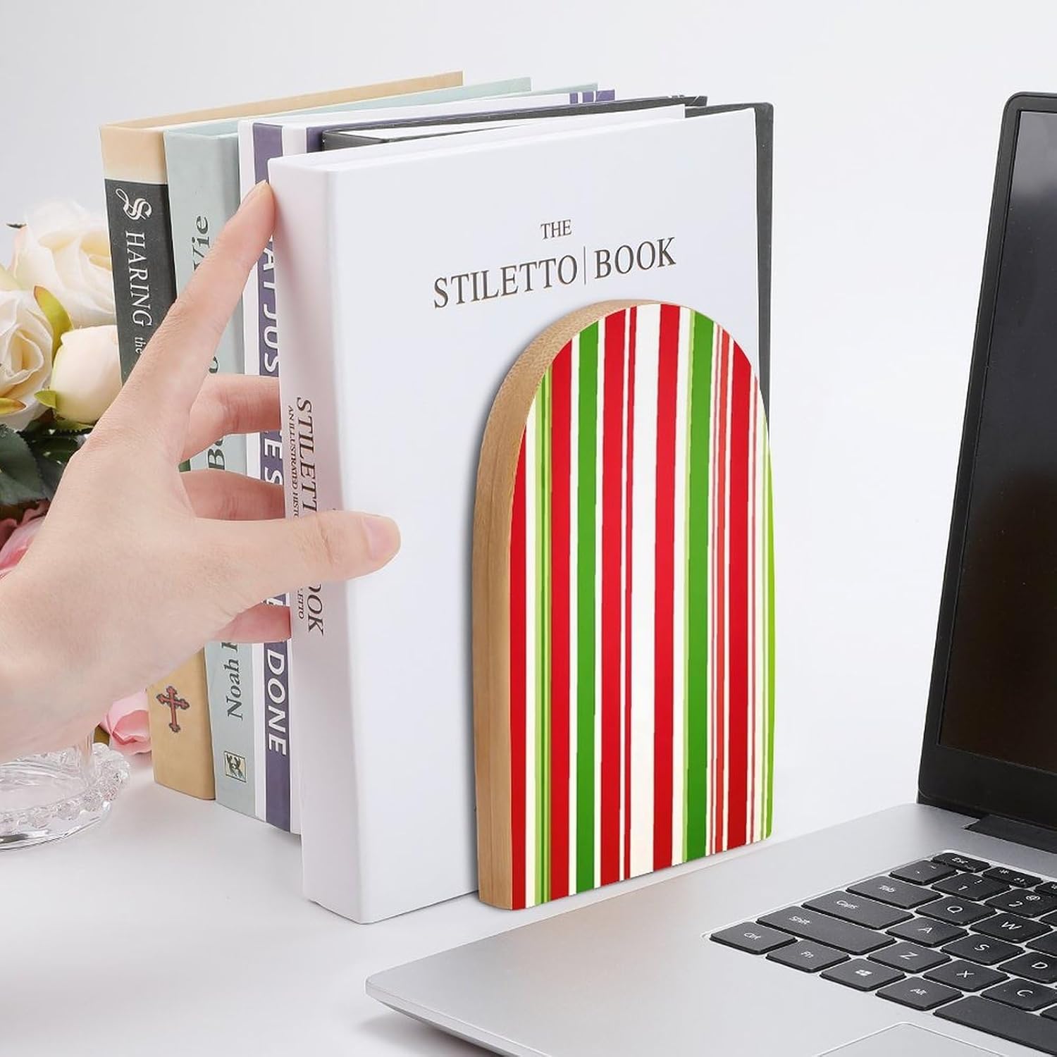 Red Green Striped Pattern Cute Wood Book Ends Decorative Bookends 1 Pair Non-Skid for Shelves Home Office 7 X 5 Inch