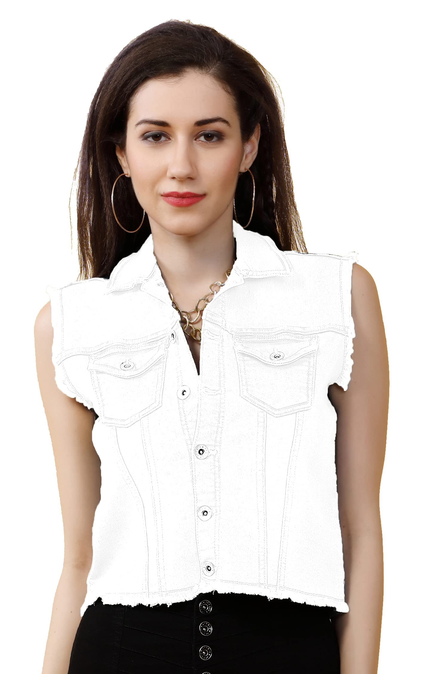 FCK-3Stretchable Denim Sleeve less Solid Light Faded 2 Pockets Jacket for Women