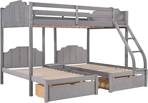 Miniatura 5 de VilroCaz Litera de terciopelo matrimonial sobre individual e individual litera triple multifuncional con cajones y barandillas 3 camas en 1 para