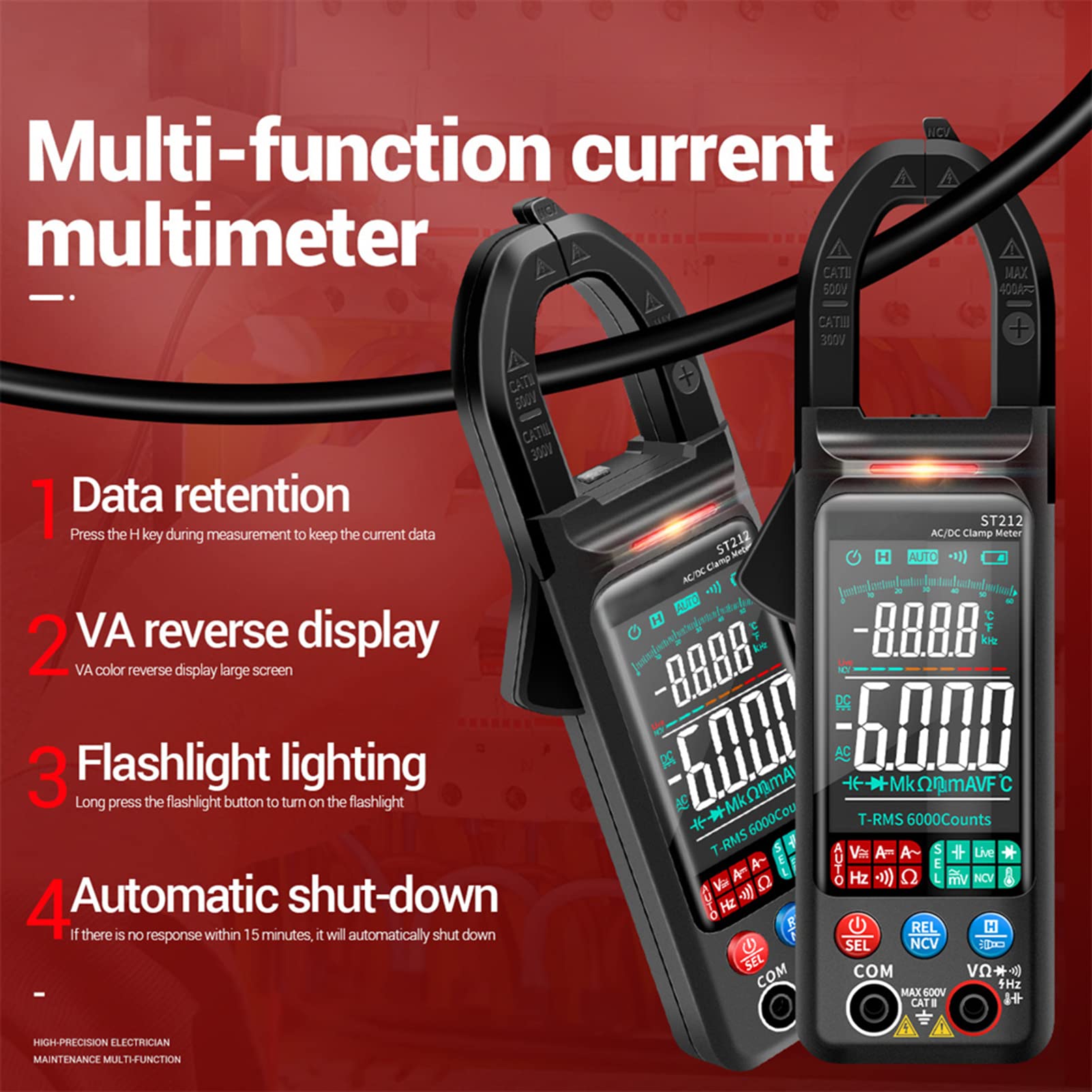 Cyfrowy inteligentny amperymetryczny zacisk, ST212 AC DC Prąd Cyfrowy amperymetryczny 6000 koralików Tester rezystancji napięcia Tester rezystancji napięcia do testu prądu napięciowego (czarny)