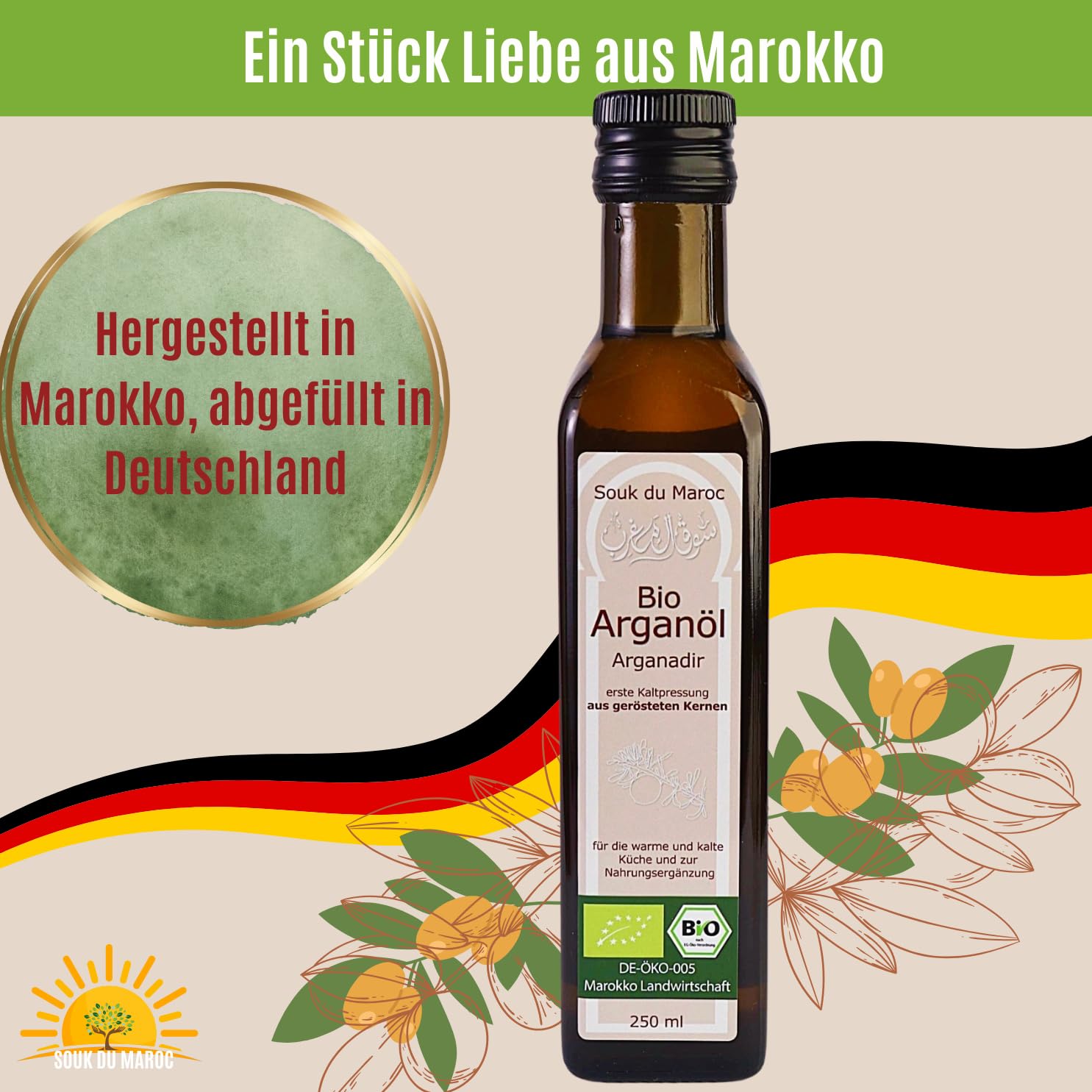 Aceite de argán orgánico comestible tostado prensado en frío Arganadir de Marruecos, 250 ml ✔ 100% vegano puro ✔ orgánico para cocinar, ensaladas y suplementos nutricionale