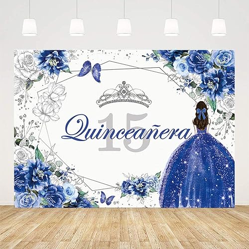 Miniatura 2 de Sendy Telón de fondo de quinceañera de 15 cumpleaños para dulce niña Mis membrillo Anos decoración de fiesta azul rey plata purpurina floral corona