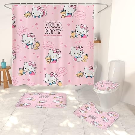 Seubyebvi4-Piece Kawaii Katie Shower Curtain Set Fun Cartoon Pink Backdrop Bathroom Set with Curtain and Rug and Accessories Fabric Shower Curtain with 12 hooks-72 x 72 inches