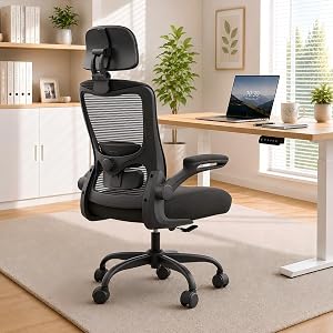 Ergonomic Office Chair, High Back Mesh Computer Chair with Adjustable Lumbar Support, Flip-Up Armrests, 360° Swivel, Heavy Duty Metal Base – Ideal for Home Office, Desk Work, Study & Gaming