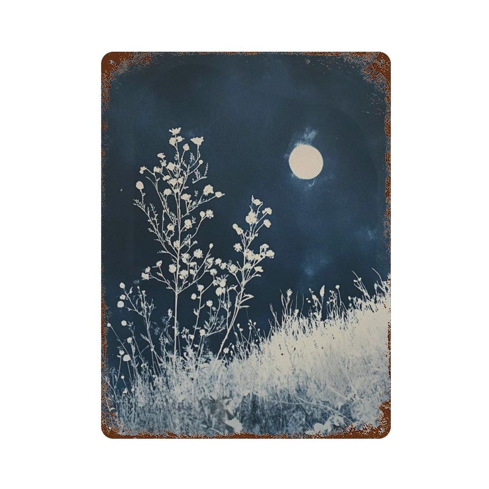 xiaoxiaoshen Moonlit Meadow Minimal Japanese Indigo Botanical Night Scene Calm Modern Wall Decor Art Metal Tin Poster Modern Home Decor Art Home Bar Shop Decorations Vintage Sign 40x30cm