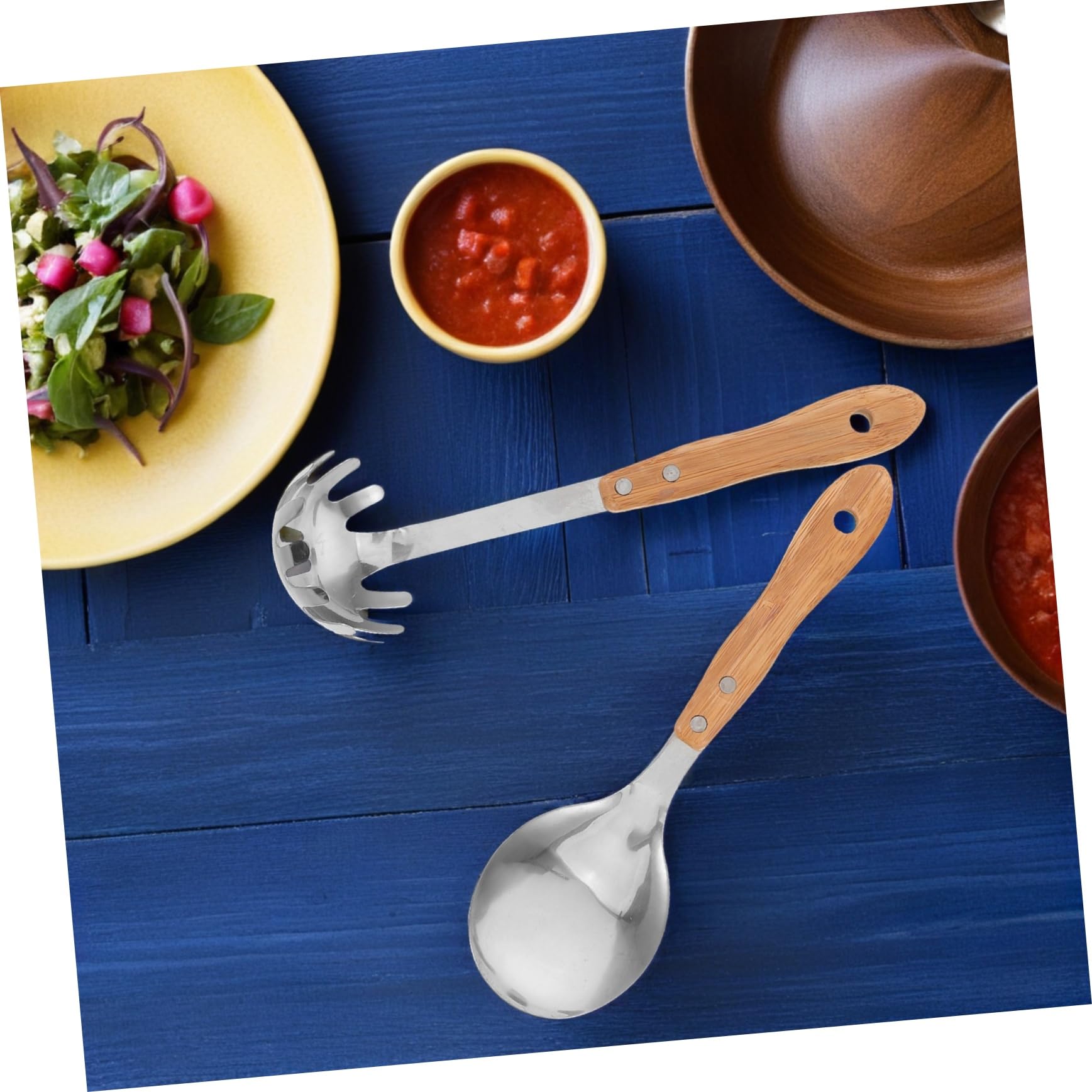 Hemobllo Set di Utensili da Cucina 5 Pezzi con Manico in Bambù in Acciaio Inox, Resistente All’usura e Impugnatura Confortevole, per Casa e Campeggio