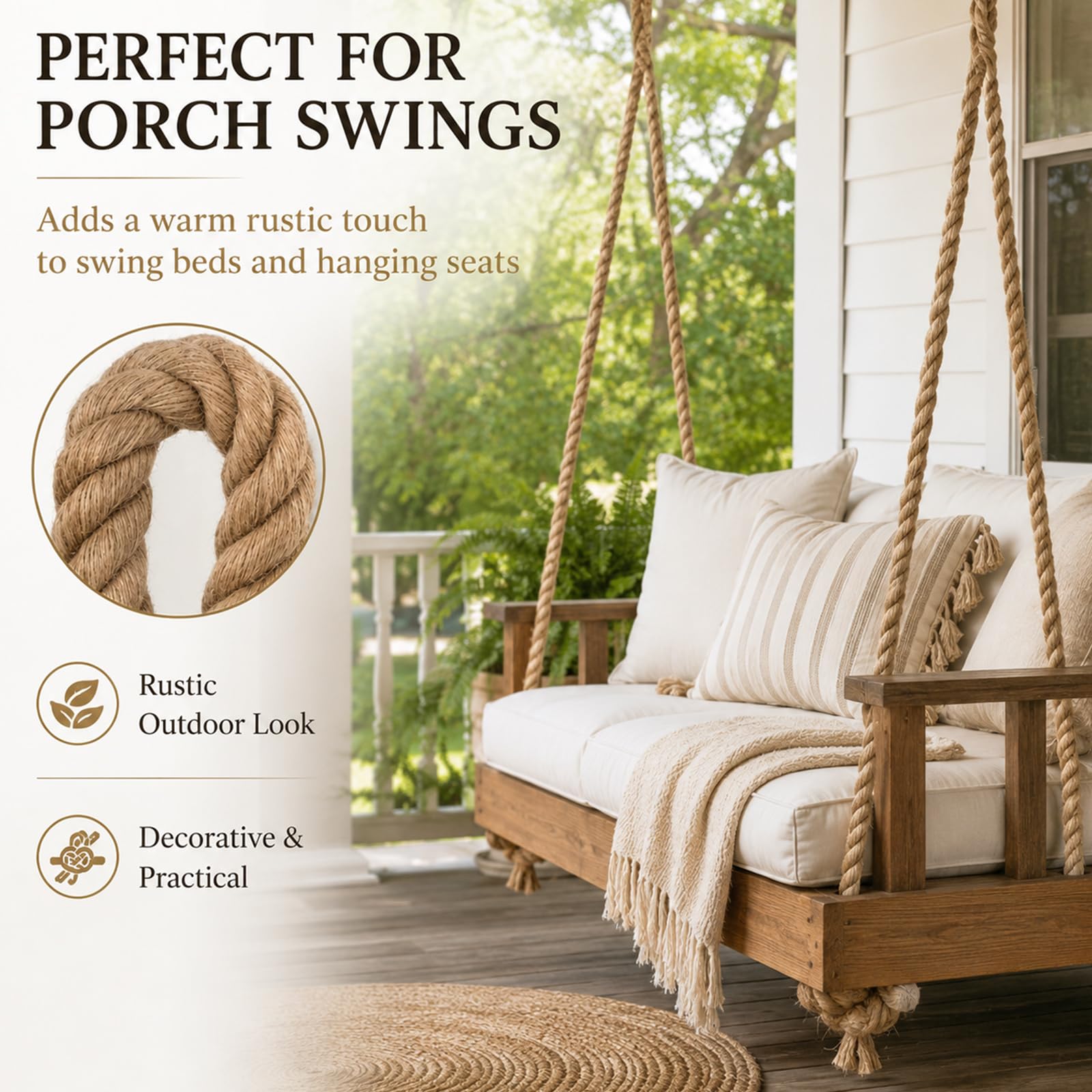 Corda di canapa naturale spessa 5 cm, corda di iuta intrecciata Manila da 15 m, per nautica, ringhiere, appendere, altalena, paesaggistica, decorazione della casa