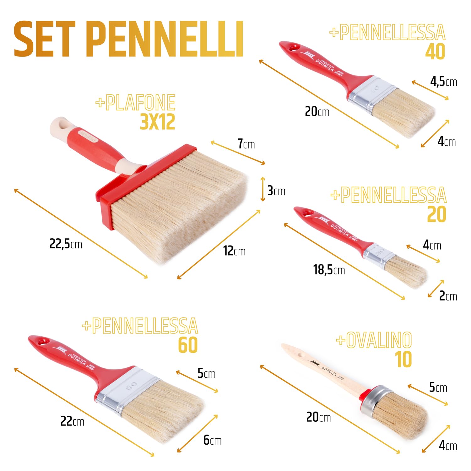 PENNELLIFICIO 2000 | Set mit 5 Pinseln für Malerei, DIY, Pinsel, Deckenleuchte, Ovalinpinsel, Lackier-Set, für allgemeine Anwendungen und kleine Arbeiten – Made in Italy