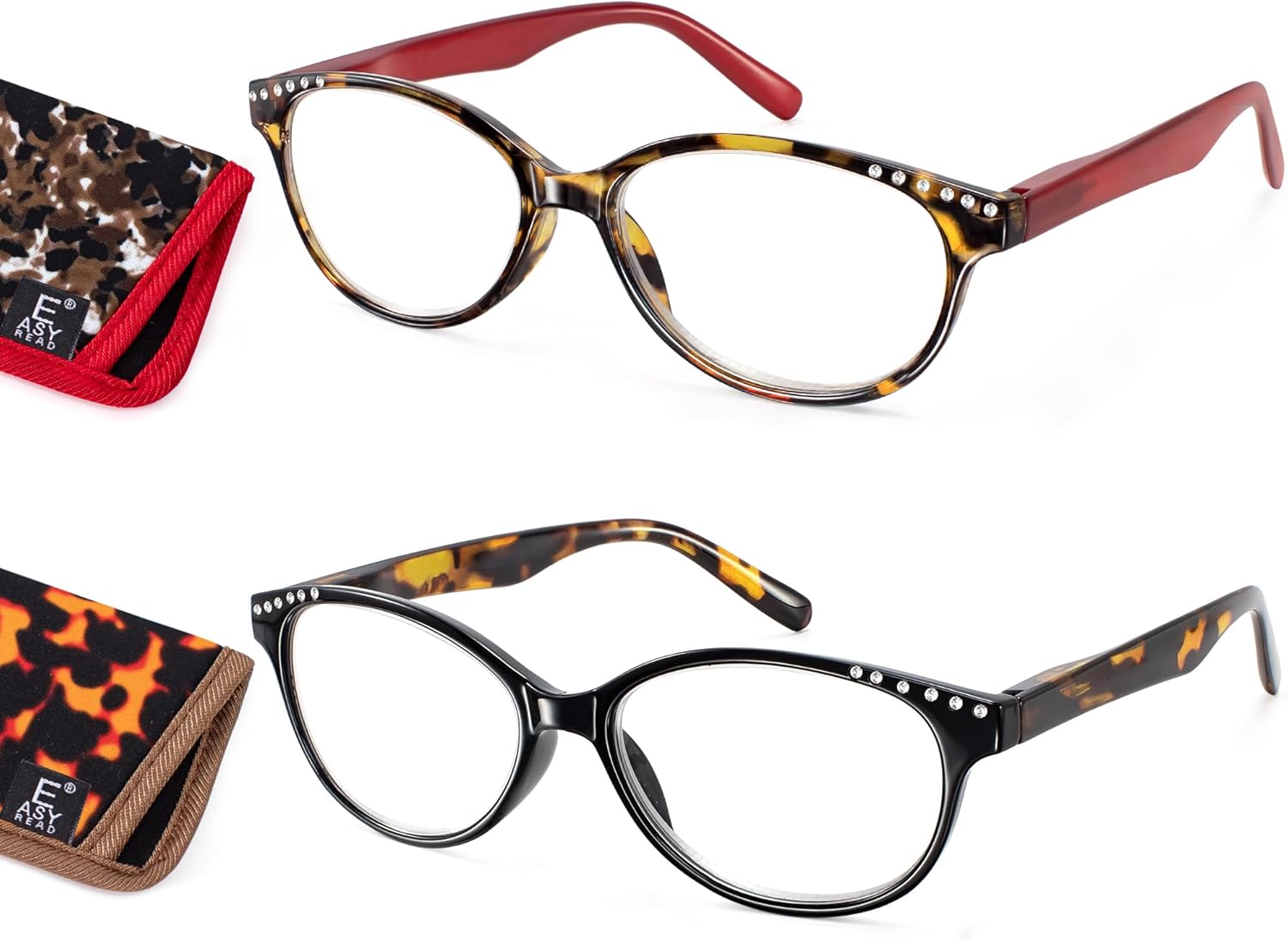 EASY READ 2 Pairs High Magnification Power Reading Glasses for Women,Stylish Lightweight Readers for Women with Spring Hinge Black/Red 4.5 x