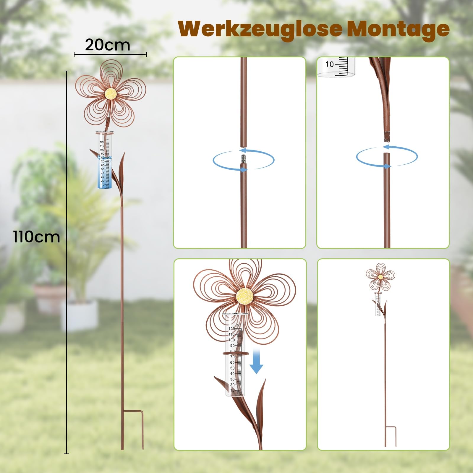 Regenmesser für Garten frostsicher 110 cm Hoch, Dekorativer Niederschlagsmesser aus Glas mit Metall Blumenstecker, Gartendeko in Rostoptik mit Erdspieß