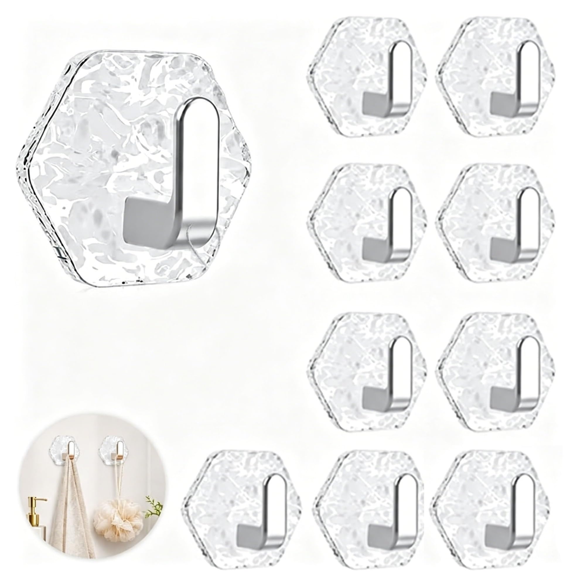 sloiaz Glacier Water Ripple Hexagonal Adhesive Hooks, No Drill Heavy Duty Waterproof Wall Hooks for Bathroom Kitchen Towels Keys Storage(Silver,10pcs)