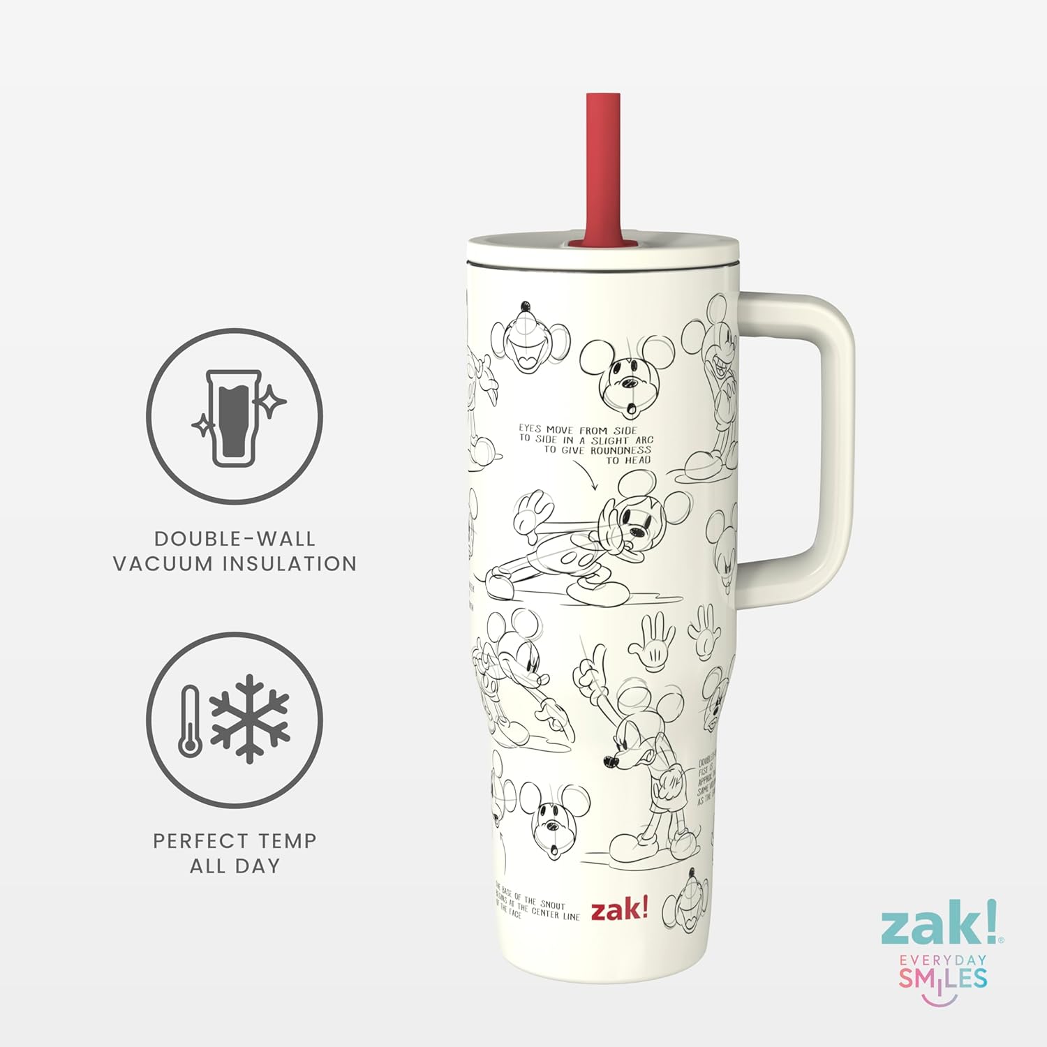 Zak Designs Disney Sutton Travel Tumbler for On the Go, 30oz Stainless Steel with Vacuum Insulation, Silicone Straw, and Carry Handle for Cold Drinks (Mickey Mouse Sketch) - Image 3
