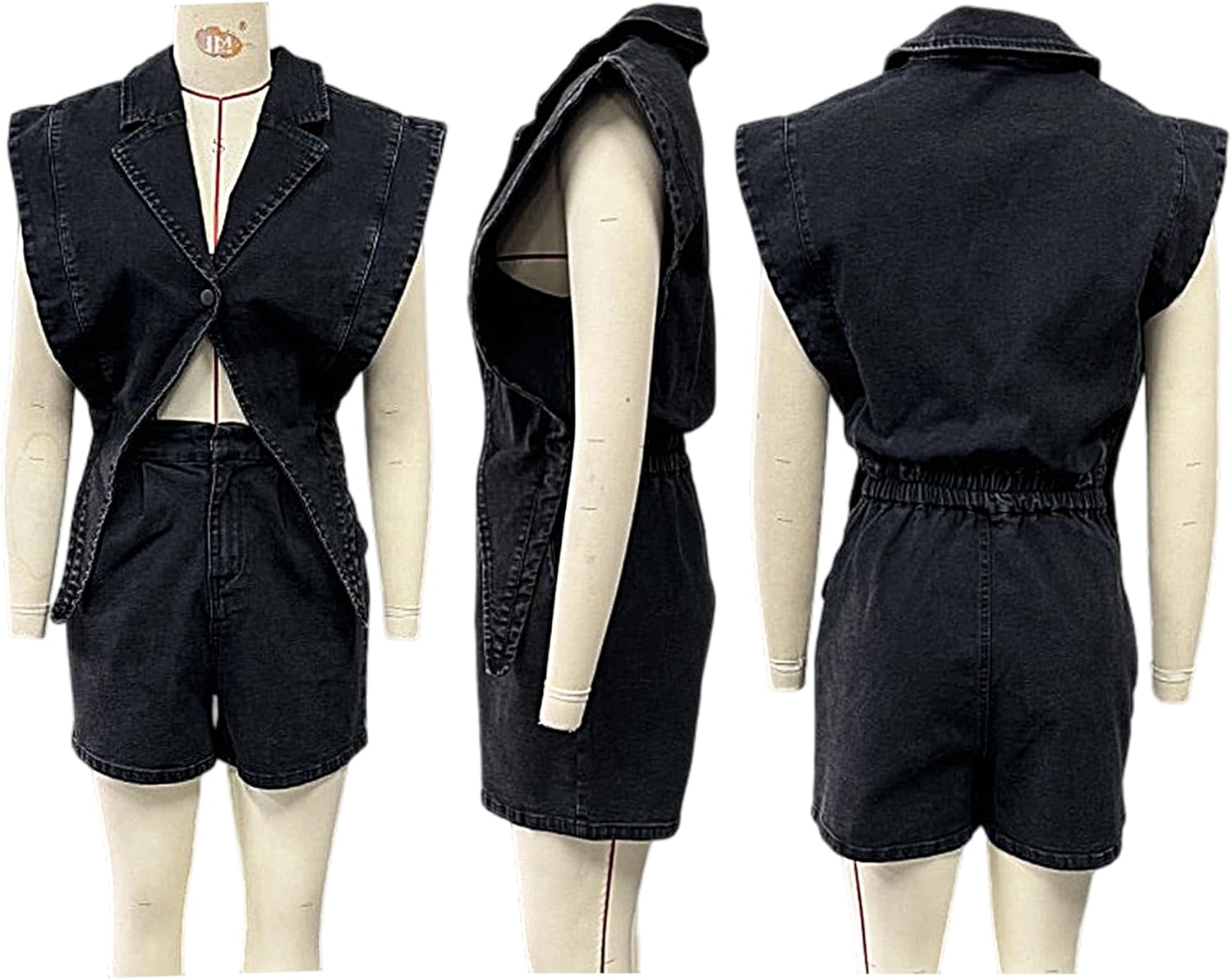 Ecirod Women's Denim Jumpsuit Romper Sexy V Neck Button Link Hollowed Sleeveless Jean Shorts