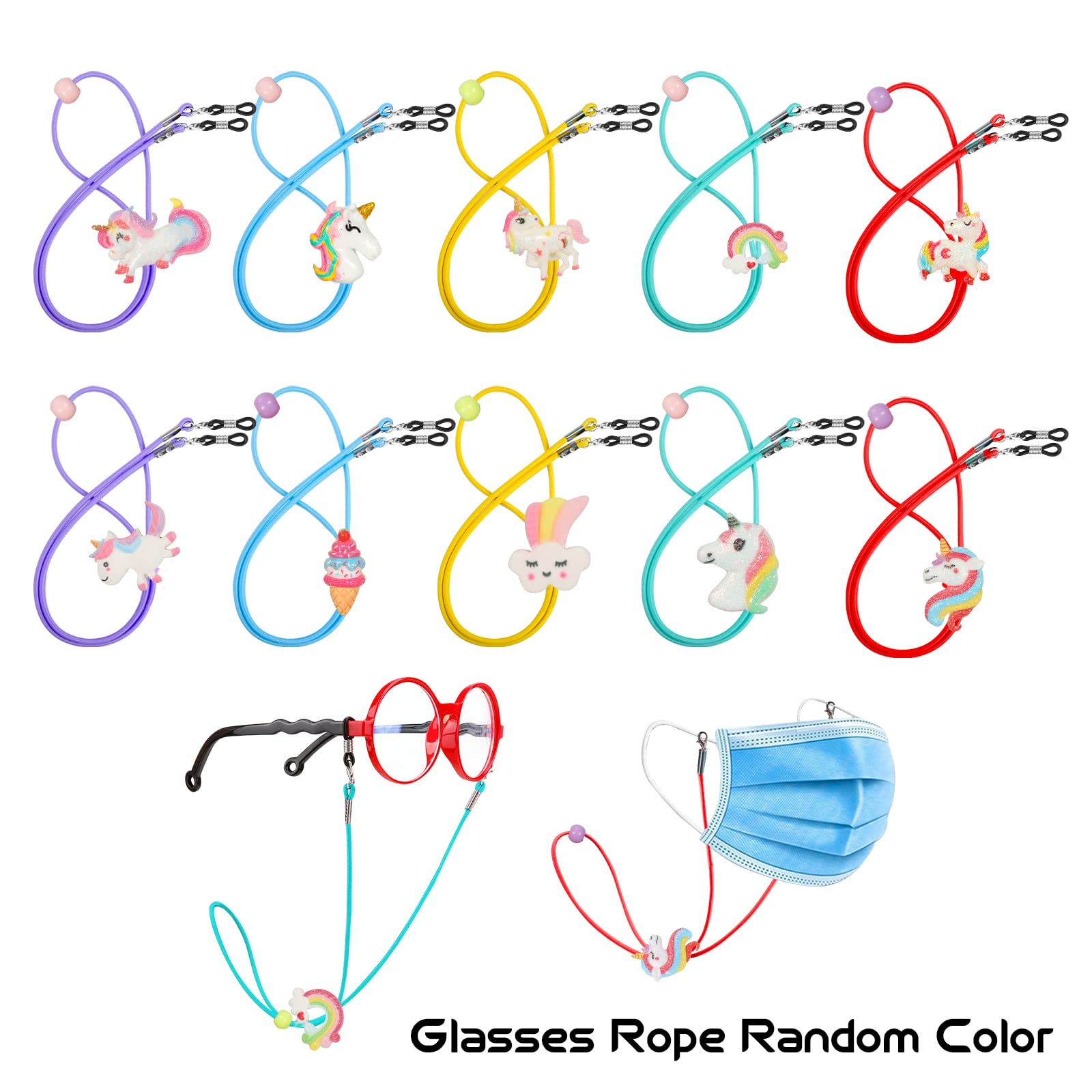 Hifot Correa Gafas para Niños 10 Piezas, Unicornio Gancho de Máscara Ajustable, Dibujos Animados Retenedor Cadenas Cordones para Gafas