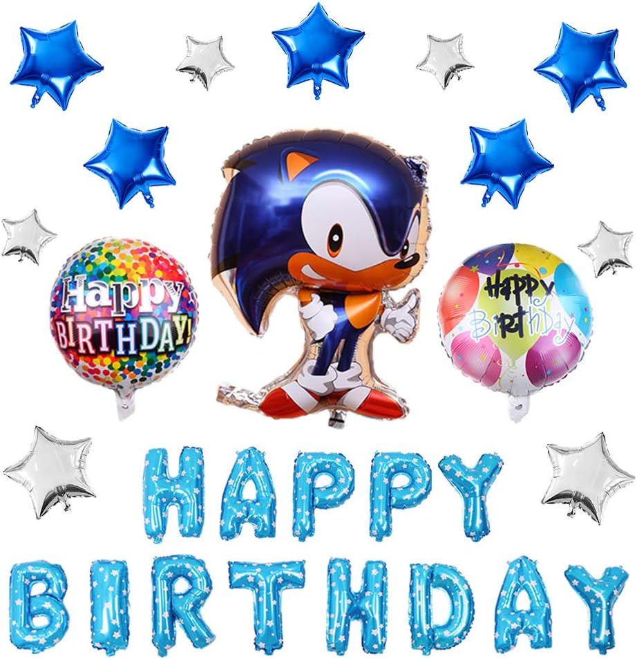 17PCS Sonic the Hedgehog Balloons Birthday Party Supplies Set, Happy Birthday Banner Foil Balloon for Kids Baby Shower Birthday Party Decorations