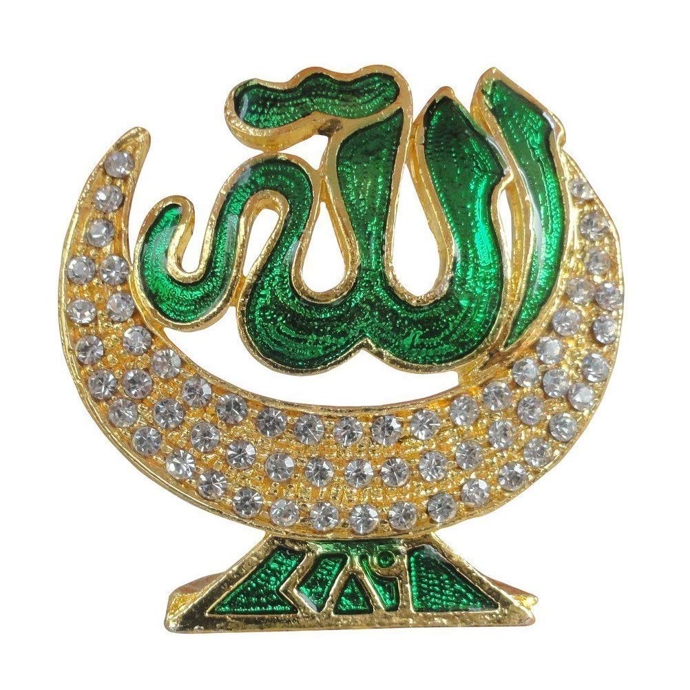 GCT Islam Religious Symbol Allah in Chand Tara Crescent Moon Star Allah (B-90) Green Gold Metal Showpiece for Home Décor Car Dashboard Office Table Showpiece