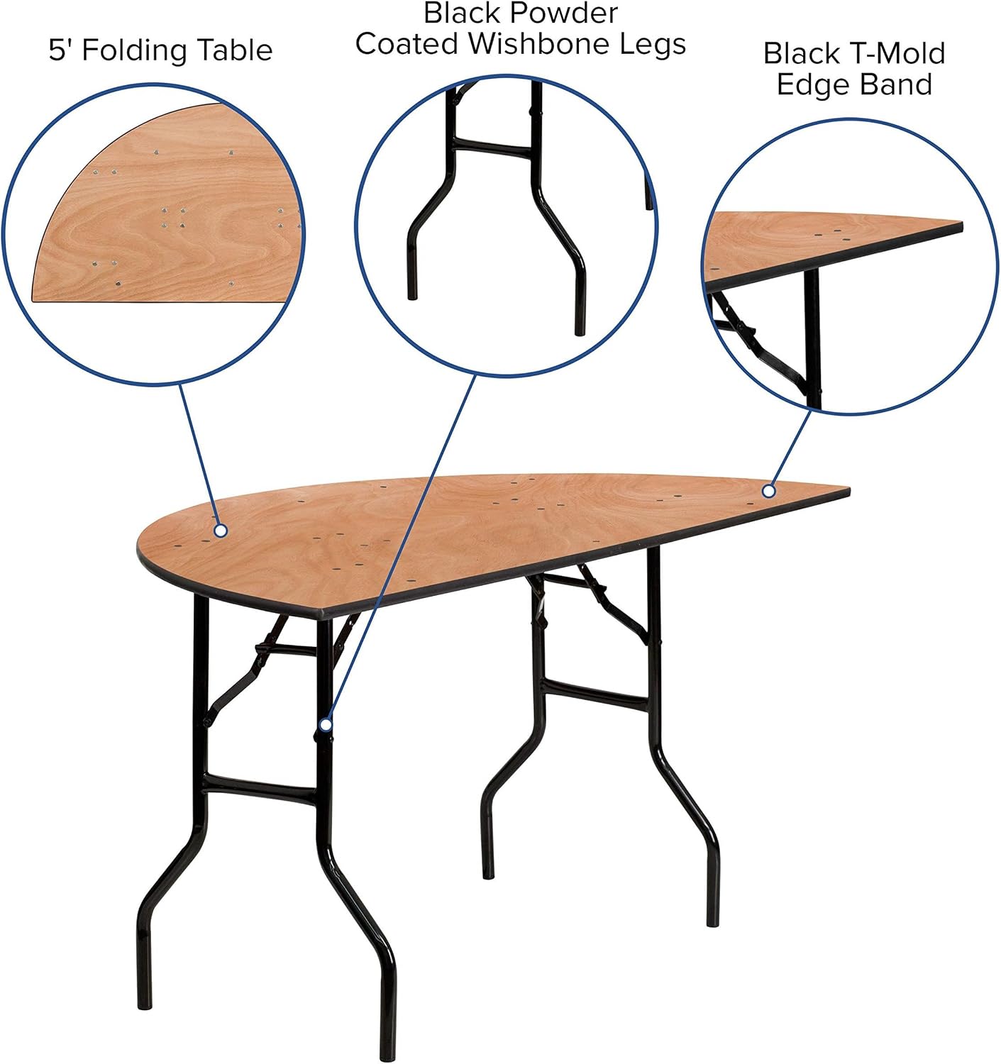 Pemberly Row 30" x 60" Half-Round Folding Banquet Table, Natural Wood Top, Black Powder-Coated Steel Legs, Commercial-Grade Construction, Space-Saving Design for Catering, Events, and Banquet Halls