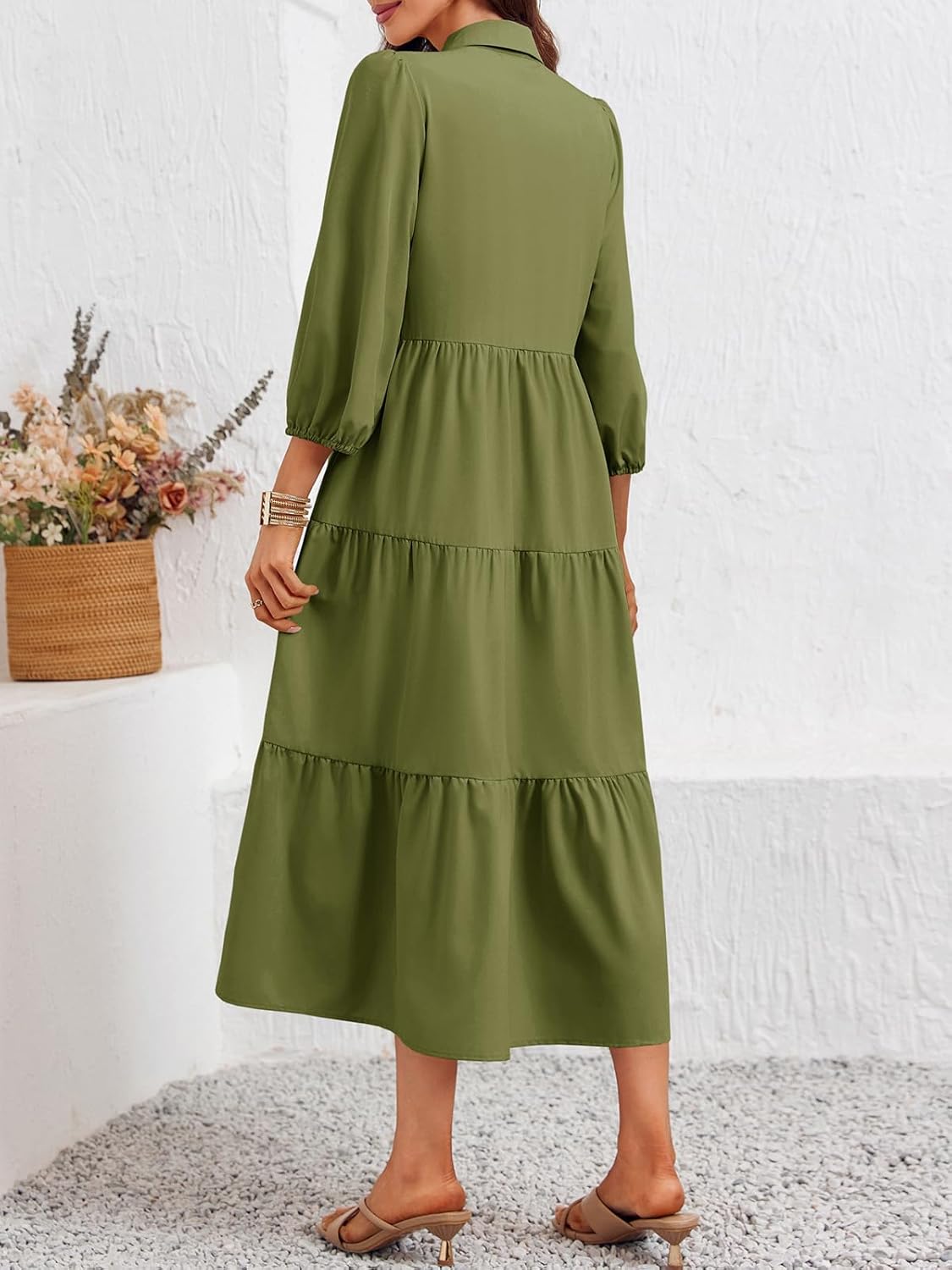 Wenrine Womens Casual 3/4 Sleeve Shirt Dress Button Down V Neck Tiered Collared Flowy Maxi Dress Army Green - Image 6