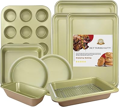 Nonstick Bakeware Set 10 Pcs, Professional Kitchen Bicolor Baking Pans Set with Cookie Sheets, Muffin Pan, Loaf Pan, Cake Pan and Cooling Rack, Dishwasher Safe, 0.8mm Thick, Heavy Duty