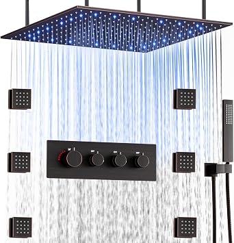 Thermostatic Rain Shower System Set For Bathroom LED Rainfall Ceiling Shower Head Body Message Jets 20 Inch Square Oil Rubbed Bronze