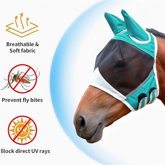 Horse Fly Mask Breathable Stretchy Large Eye Space Mosquito Insect Shires Fly Mask with Ears for Horses (L)
