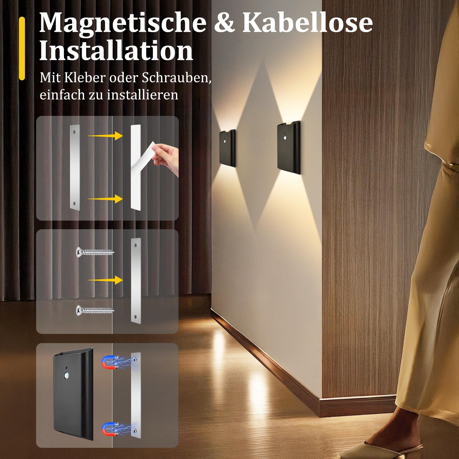 Toowell Wandleuchte Innen Akku mit Bewegungsmelder USB Aufladbar,4 Stück | 5000mAh Akku Wandlampe mit Fernbedienung Innen,Wandleuchte Ohne Stromanschluss mit 3 Modi,Schwarz Wandlampen für Schlafzimmer