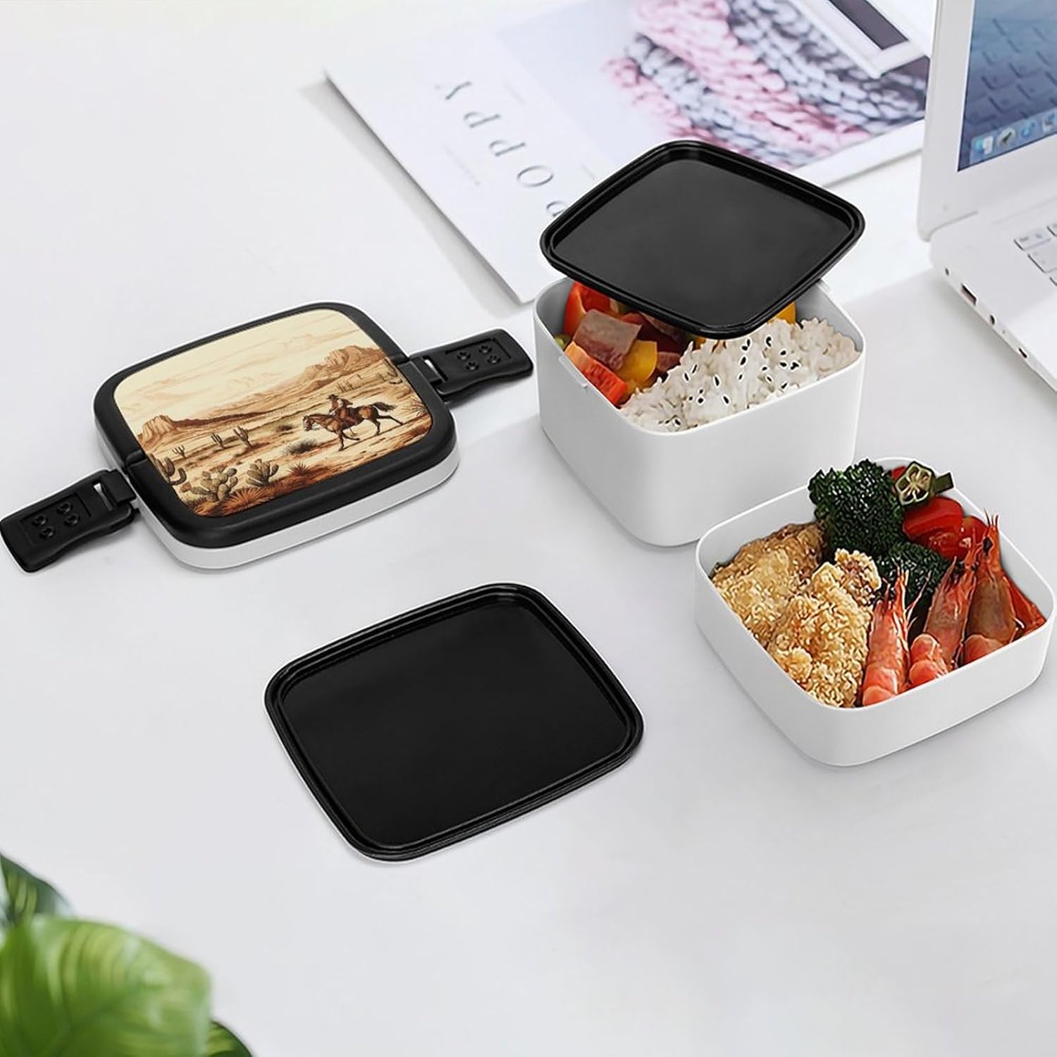 Adults Lunch Box Adult Bento Box Stackable Bento Box BPA-Free West Desert Cactus With Cowboys Riding Horses Lunch Box Food Container Ideal for Meal Prep, Work, And On The Go