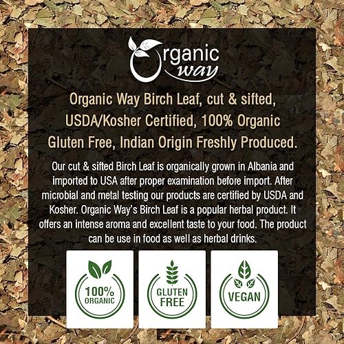 Miniatura 8 de Organic Way Hoja de abedul (Betula pendula) cortada y tamizada - Cosecha silvestre europea  Té de hierbas  Certificado Kosher y USDA  Vegano, sin