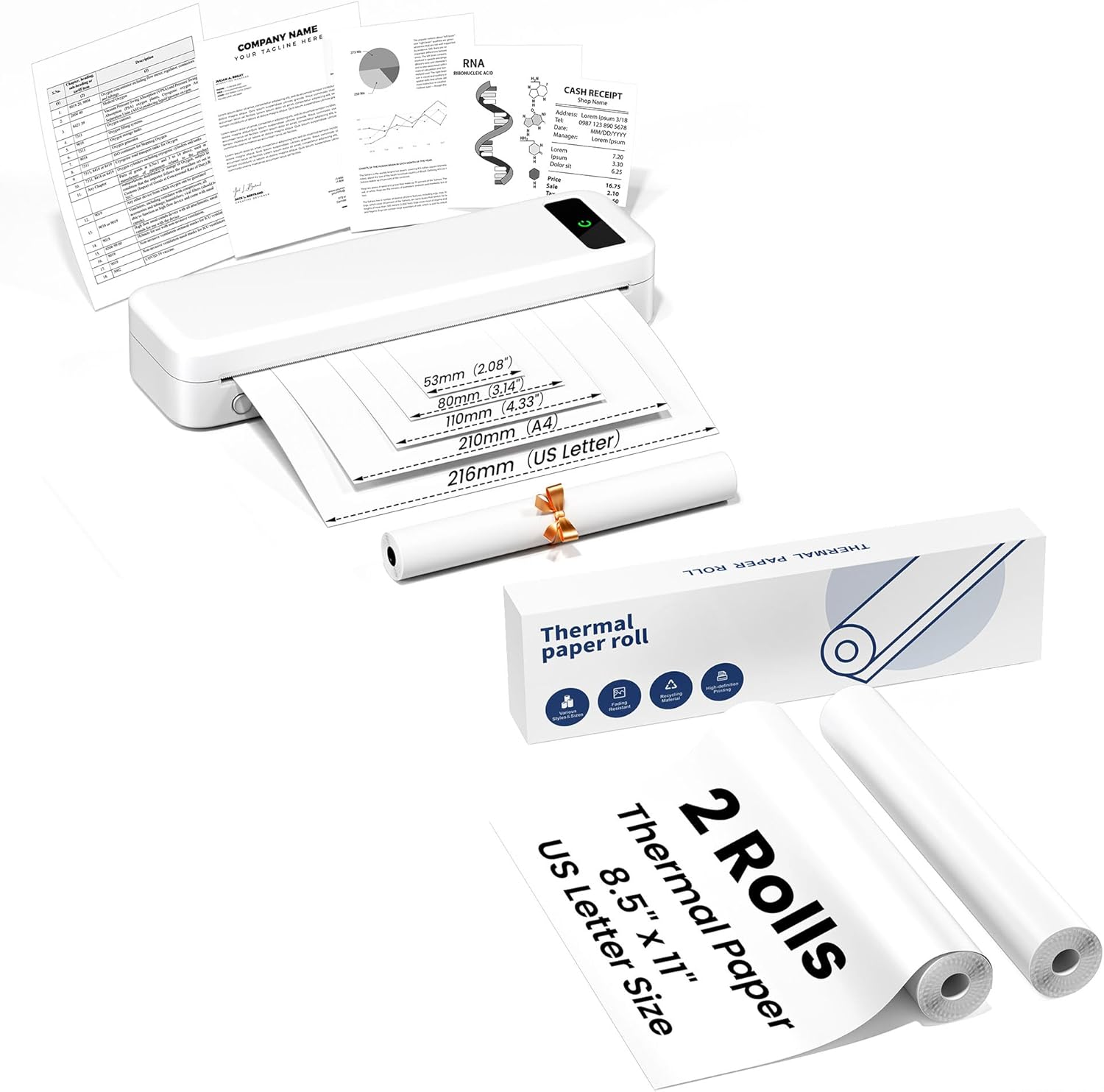 TATTMUSE Bluetooth Portable Thermal Printer White & 3 Rolls 8.5" x 11" US Letter Thermal Paper