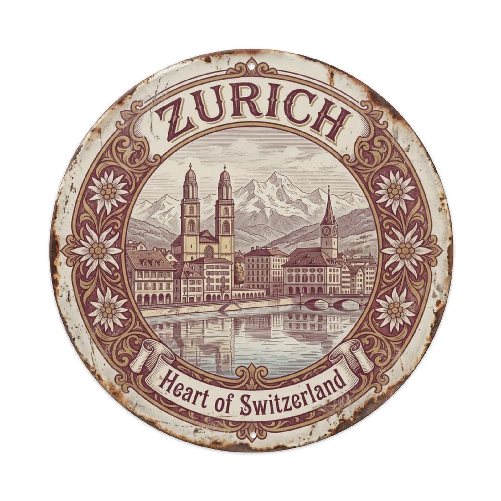 Vintage Travel Zurich Mountains Reflection Metal Tin Sign Plaque Wall Decor for Cafe, Club, Garden Round Metal Poster 8x8Inch